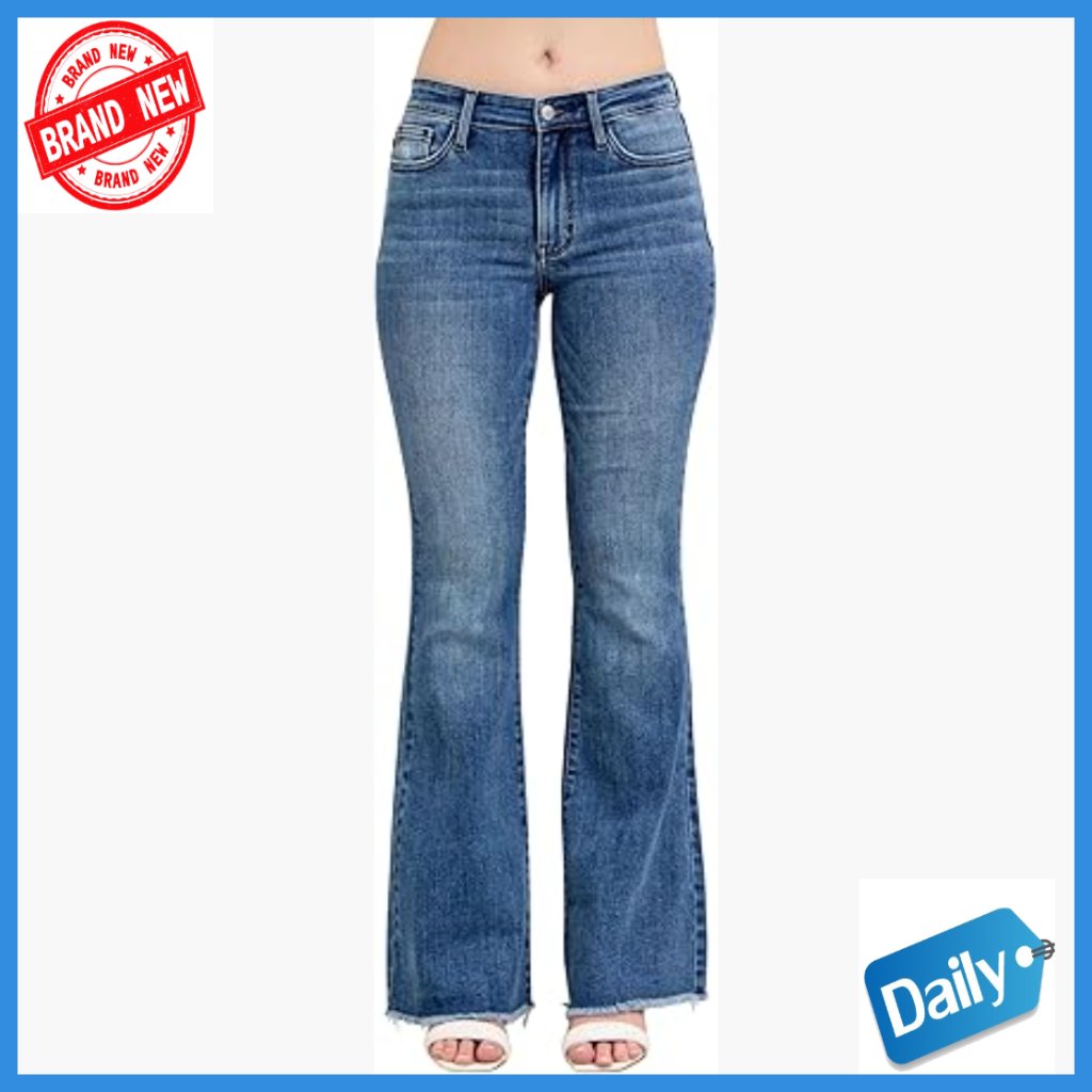 Mid-Rise Flare Jeans With Fray Hem Vintage Wash Stretch Denim